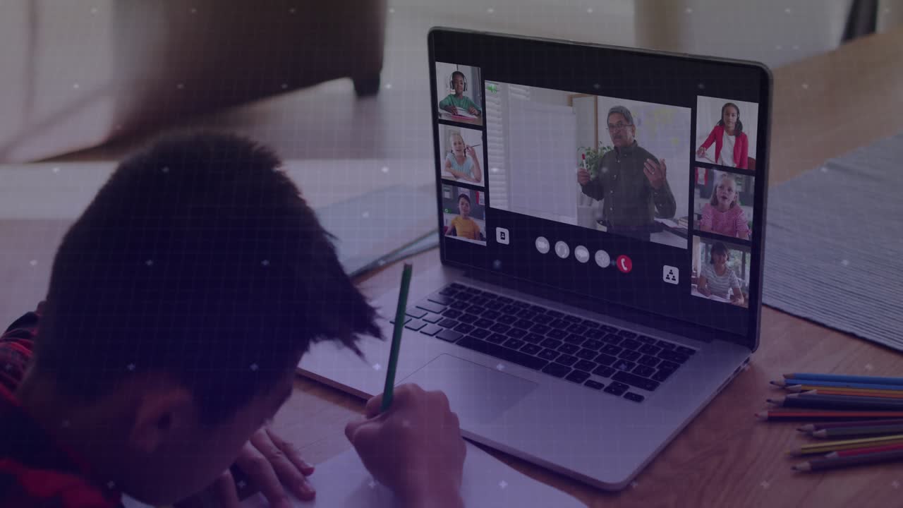 Female student writing notes as teacher gesturing on laptop, HUD aligning pencil for online class