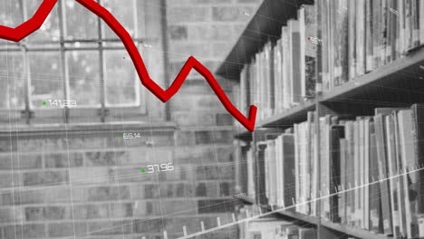 animating financial graph over bookshelves in library