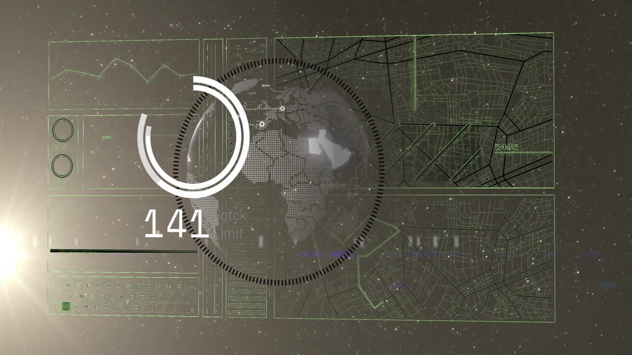 Digital globe and data processing animation over green technical schematics