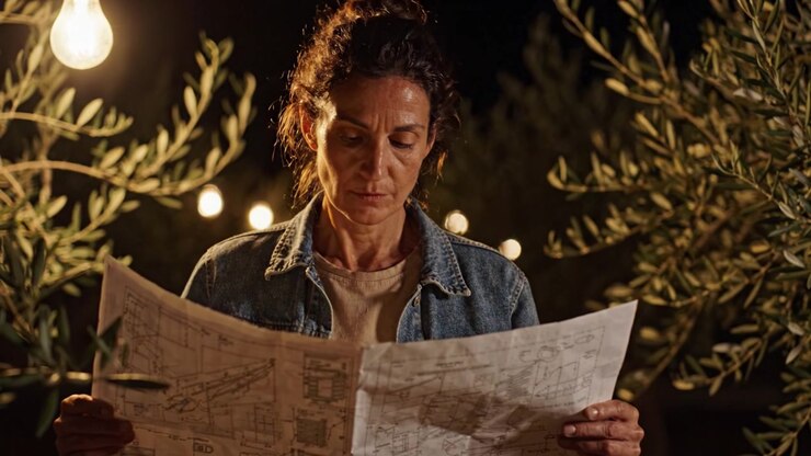 A Determined Woman Analyzing Architectural Plans Under Soft Outdoor Lighting Surrounded by Olive Trees, Reflecting Focus and Creativity in a Quiet Night Setting