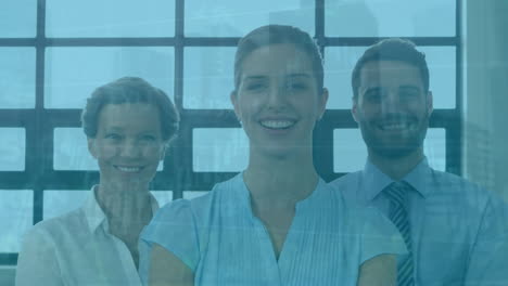 animation of financial data processing over smiling diverse business people