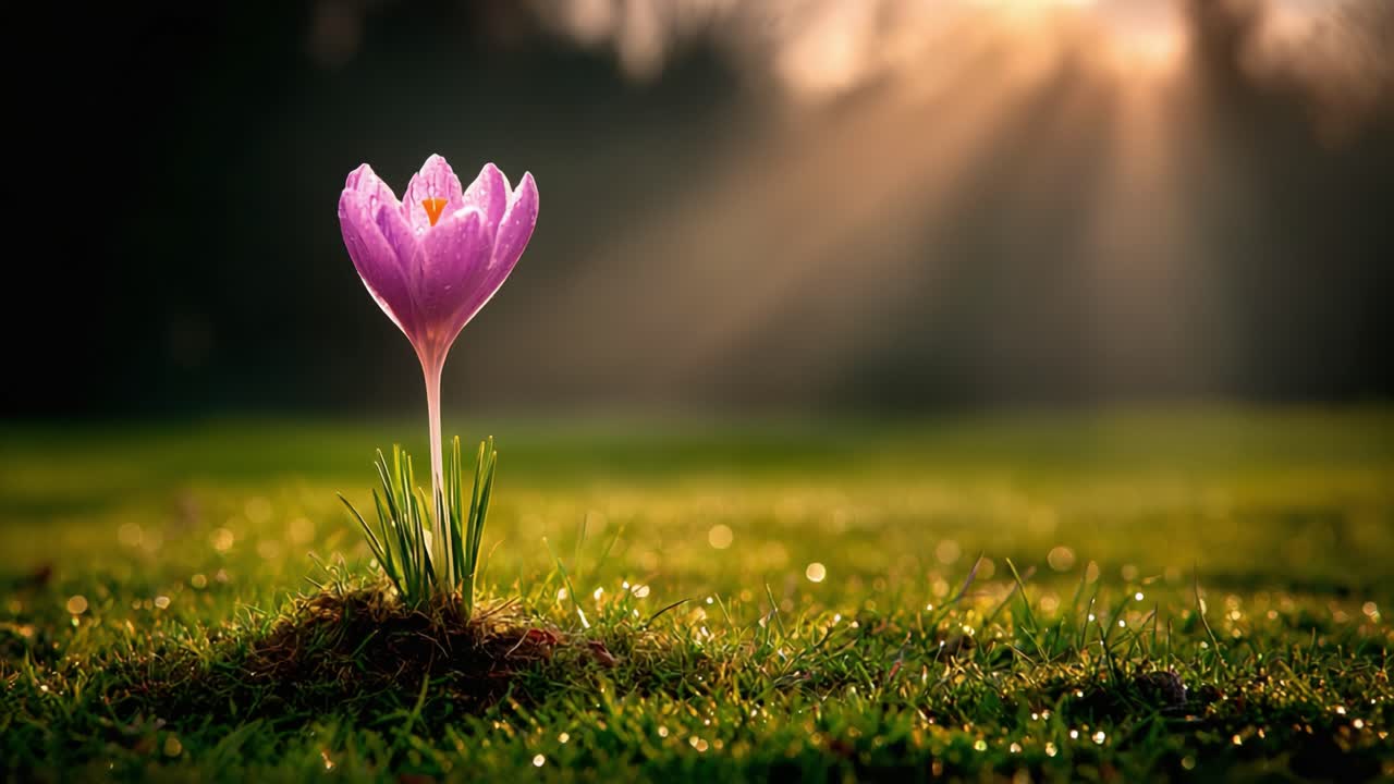 A Beautiful Crocus Blooming in the Warm Glow of Spring Sunlight, Showcasing Nature's Resilience and the Arrival of New Life in the Vibrant Green Grass