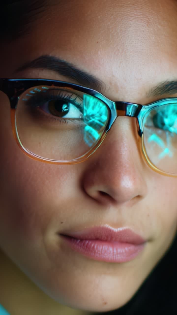 Primo piano di una giovane donna con gli occhiali illuminata da codice binario riflesso nelle sue lenti, che esplora i temi della tecnologia, dell'intelligenza e della modernità