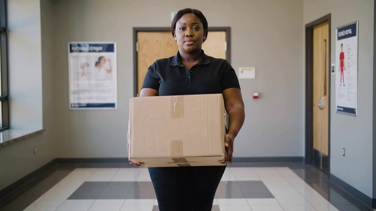 Lifting sealed box, delivery woman in black polo walking down tiled hallway, approaching reception