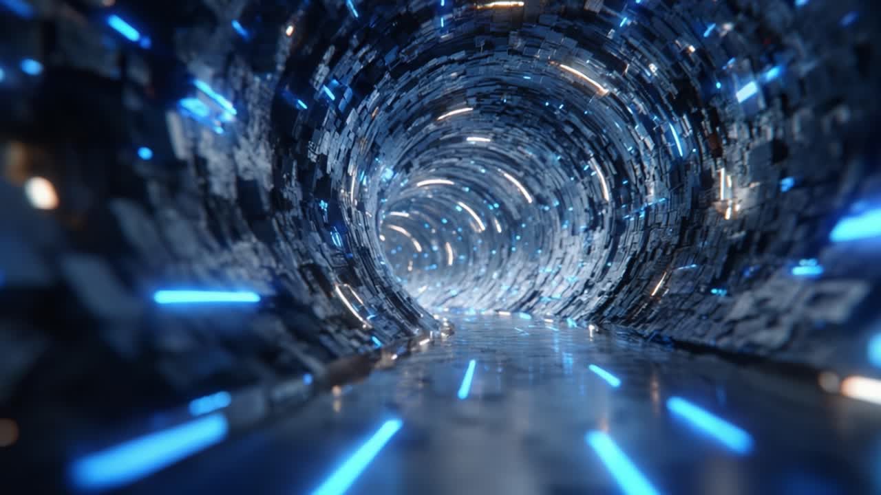 A Stunning Visual Journey Through a Futuristic Tunnel, Featuring Glimmering Blue Lights and Intricate Textured Walls that Create an Immersive Digital Experience