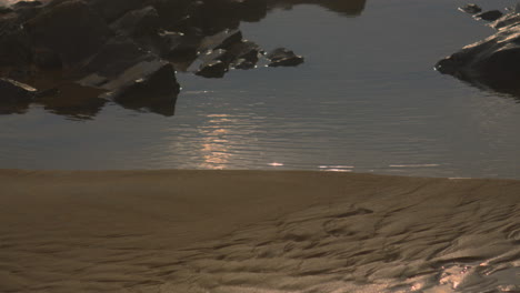 panning up shot of beach with sun reflections on water with choppy waves out at sea with small rock pool. nature ocean footage 4k.