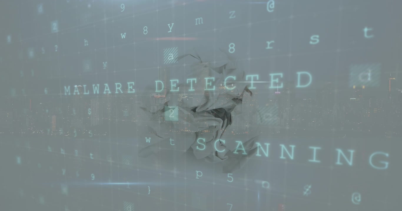 Animation of numbers and malware over crumbled paper on white background