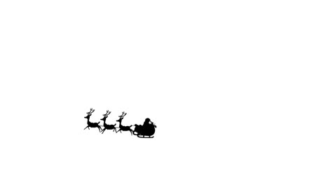 digital animation of black silhouette of santa claus in sleigh being pulled by reindeers