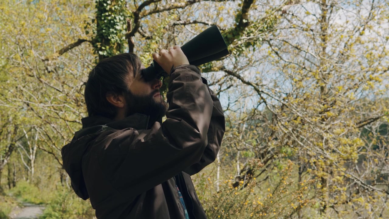 Giovane uomo barbuto attraente che fa birdwatching nella natura con binocolo nella foresta - Slow motion