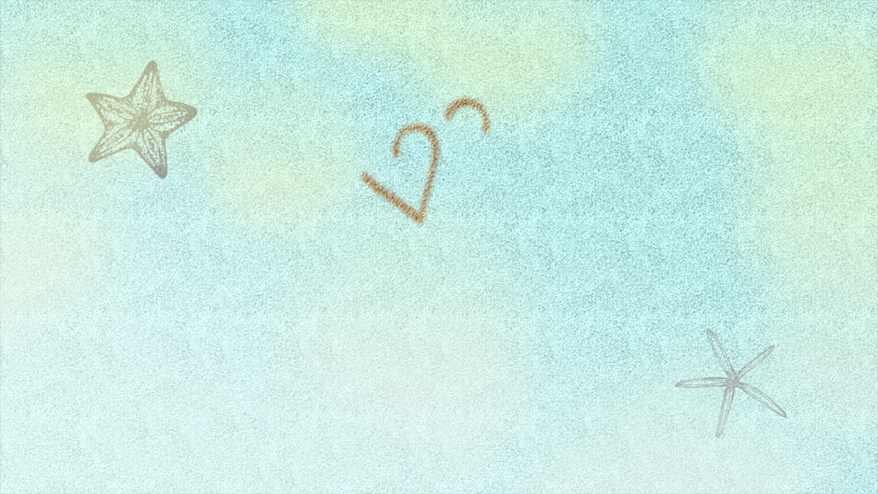 해변의 푸른 모래에 바다 동물과 마음