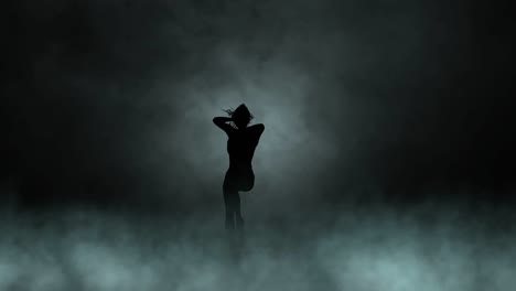 A-modern-youth-dance-performed-by-a-graceful-and-sexy-female-silhouette,-in-the-smoke-against-the-backdrop-of-spotlights