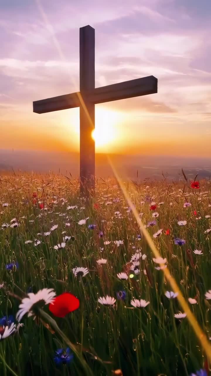 Tomada de vídeo em ângulo baixo de uma cruz ao pôr do sol em um campo de flores silvestres, capturando uma beleza serena.