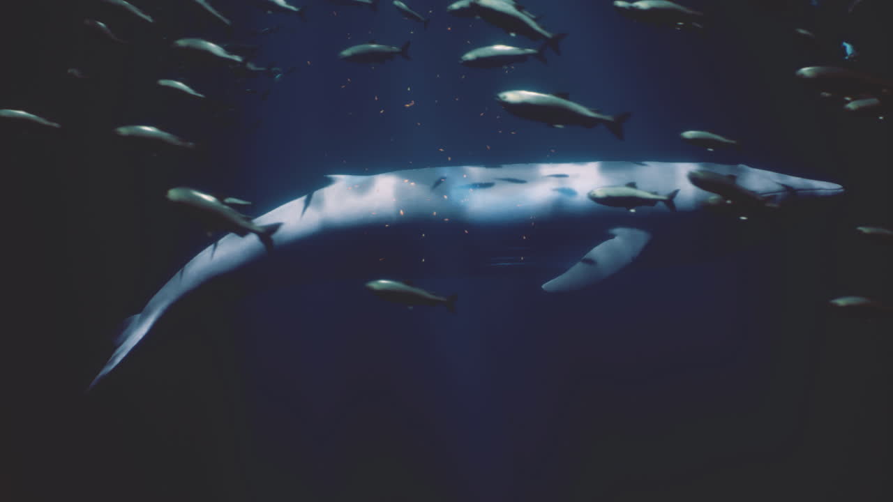 Majestic blue whale swimming in deep ocean surrounded by smaller fish