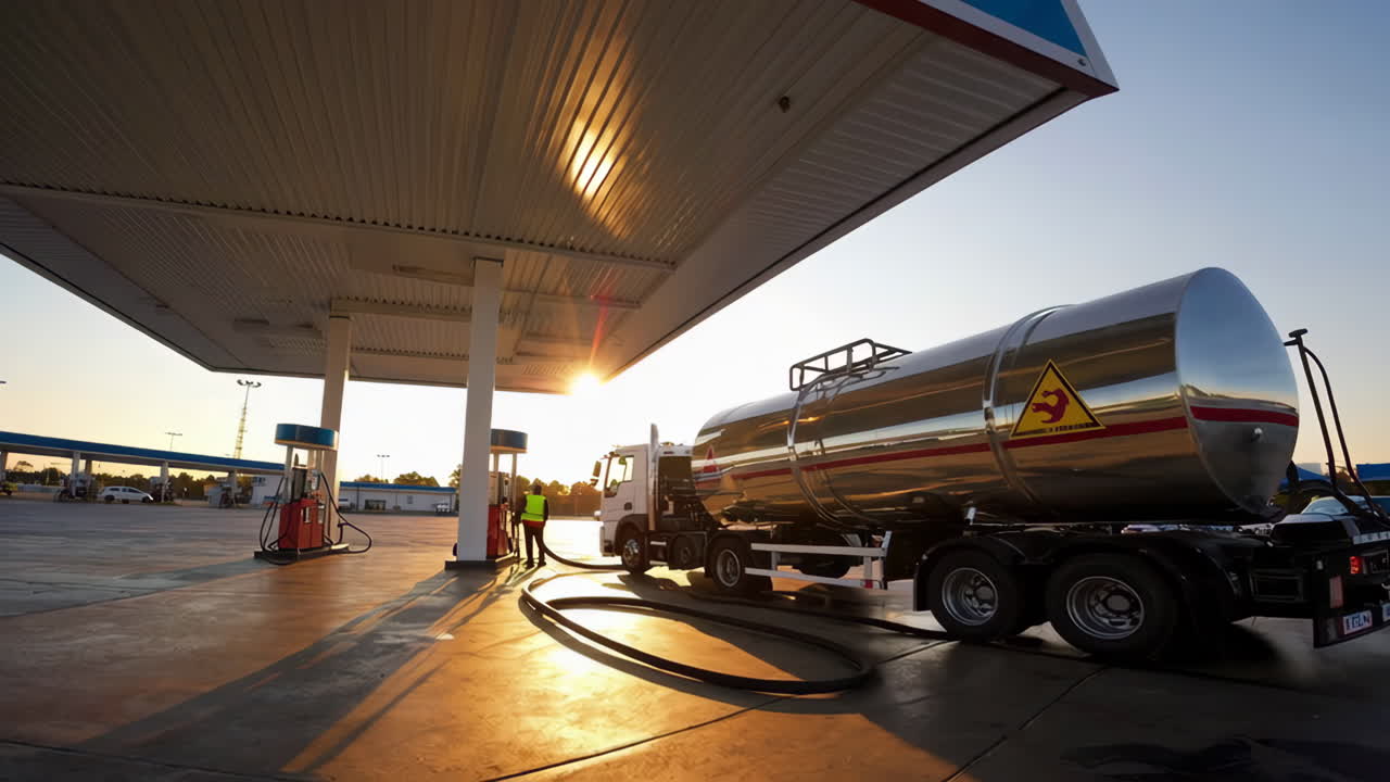 Truck refueling at a gas station during sunrise/sunset