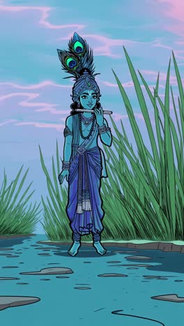 lord krishna playing flute by the water