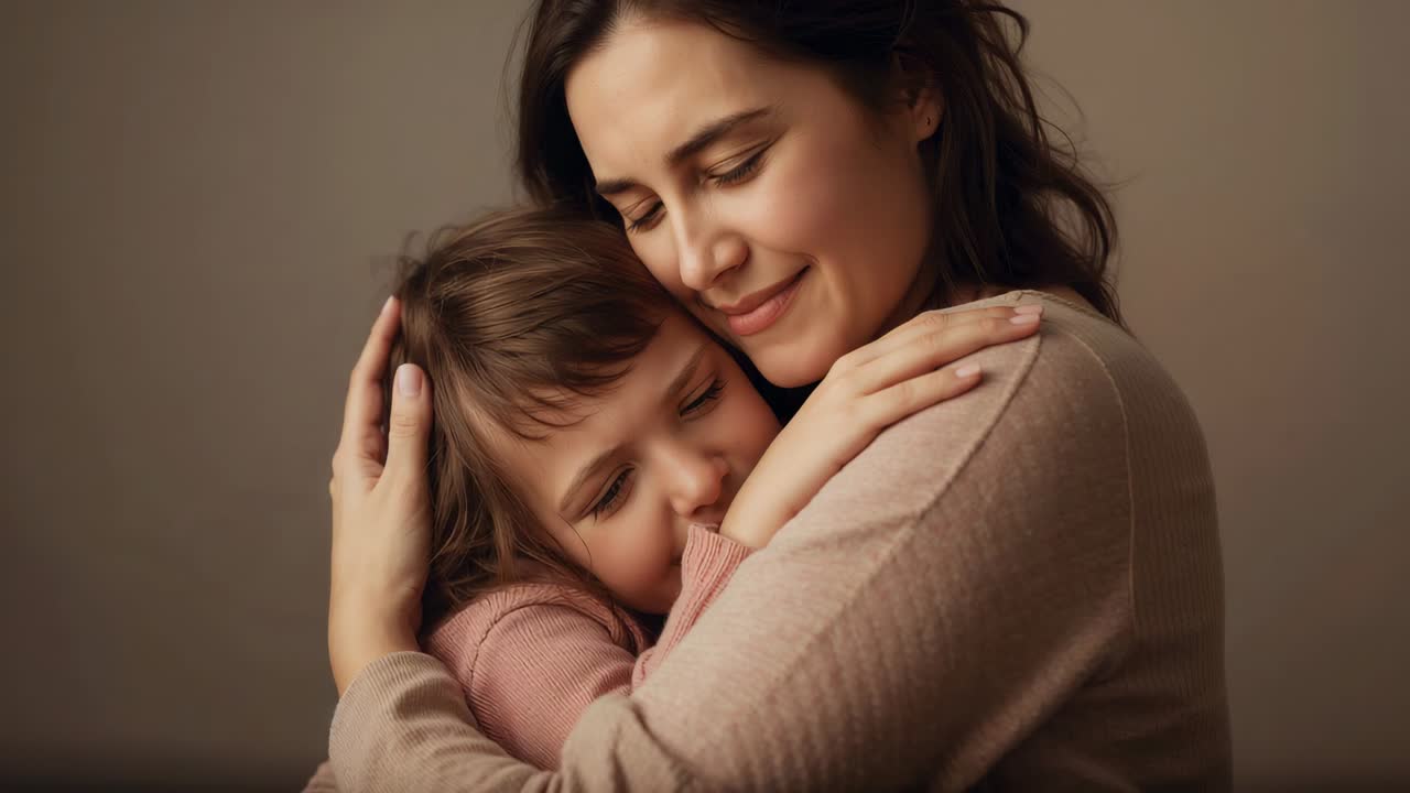 Madre che culla e tiene in braccio la figlia, bambina che cerca conforto e tranquillità a casa con top beige e maglione rosa