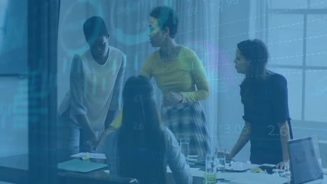 animation of financial data processing over diverse business people in office