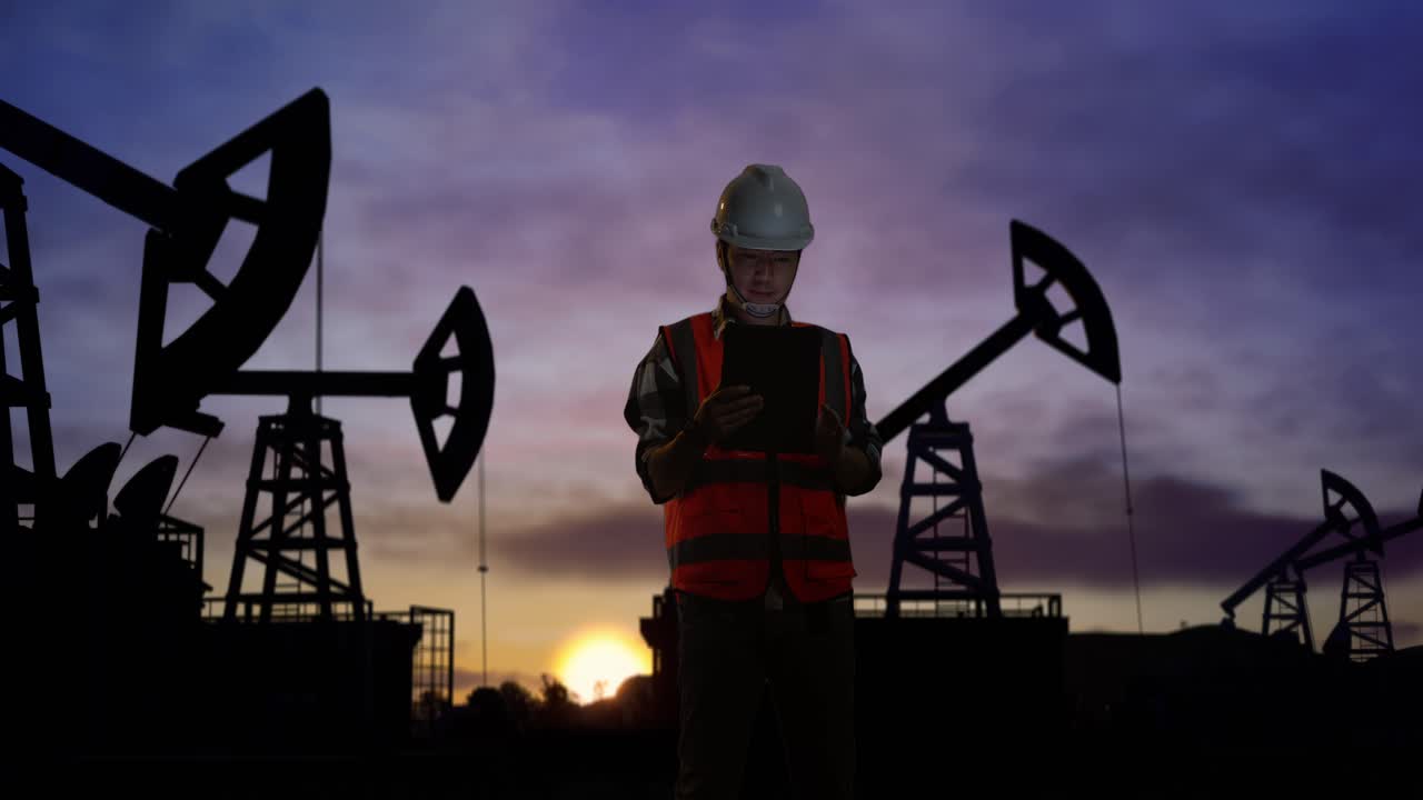 ingeniero masculino asiático con casco de seguridad trabajando en una tableta mientras está de pie frente a las bombas de aceite, durante la puesta o el amanecer