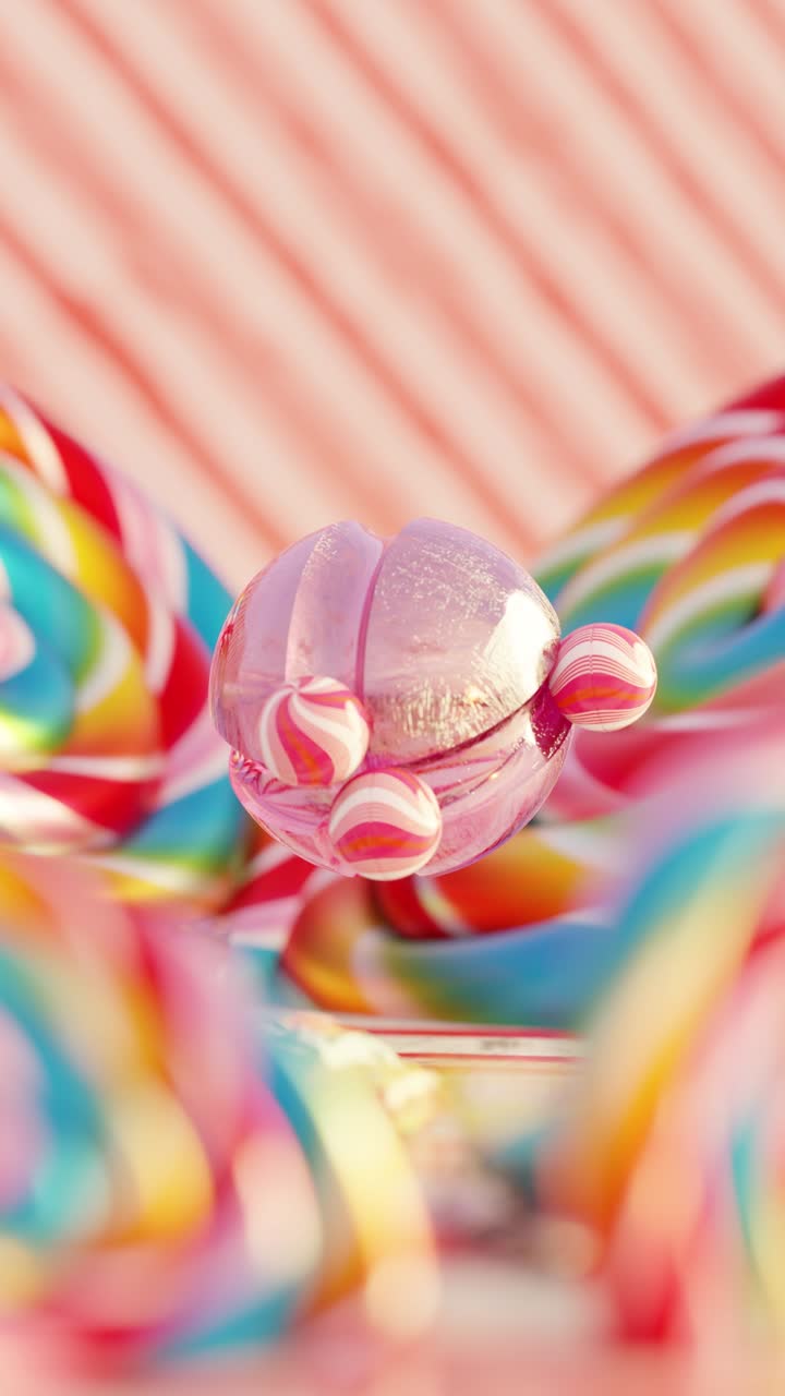 3D rendering of small candy balls rolling on pink sphere in loop