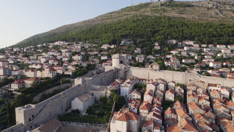 iconic round minčeta tower fortress on dubrovnik fortified stone wall, aerial