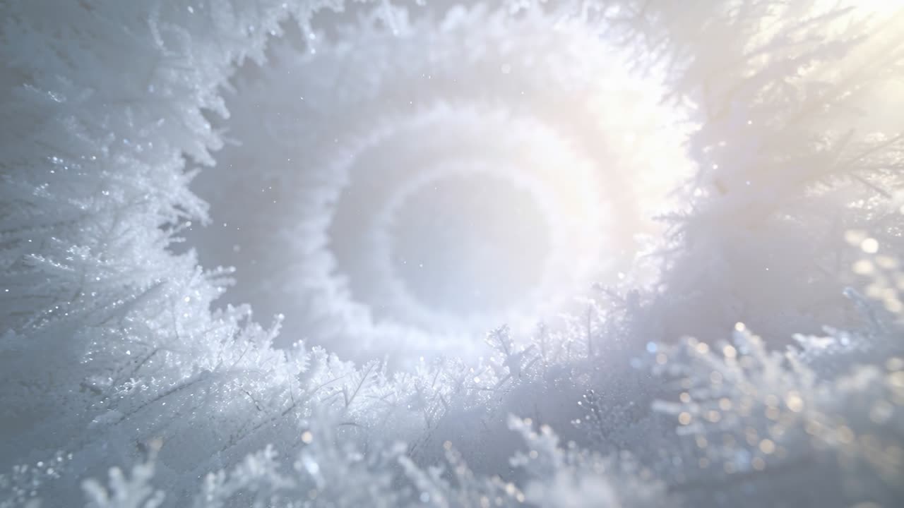 La telecamera che si allontana, rivelando un anello di brina stratificato, particelle scintillanti e un flare dell'obiettivo destro per il design.