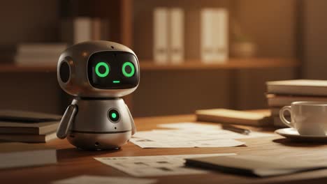 a friendly robot assistant in a cozy workspace surrounded by documents and a coffee cup, representing the future of automated help and technology in daily life