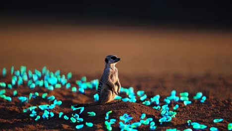 meerkat in a bioluminescent desert at sunrise/sunset