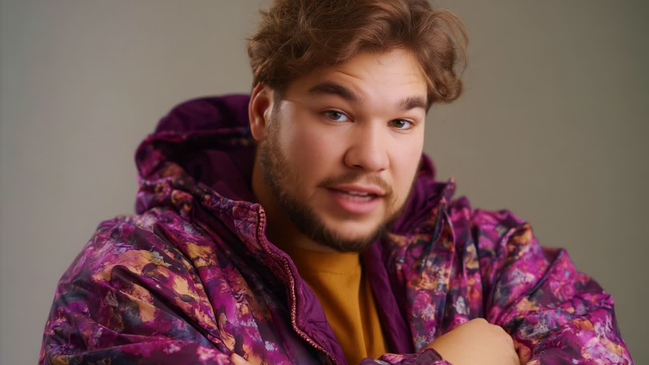 Um jovem estiloso com uma jaqueta floral roxa exalando confiança em um estúdio, exibindo uma vibe fashion contemporânea e um estilo pessoal único