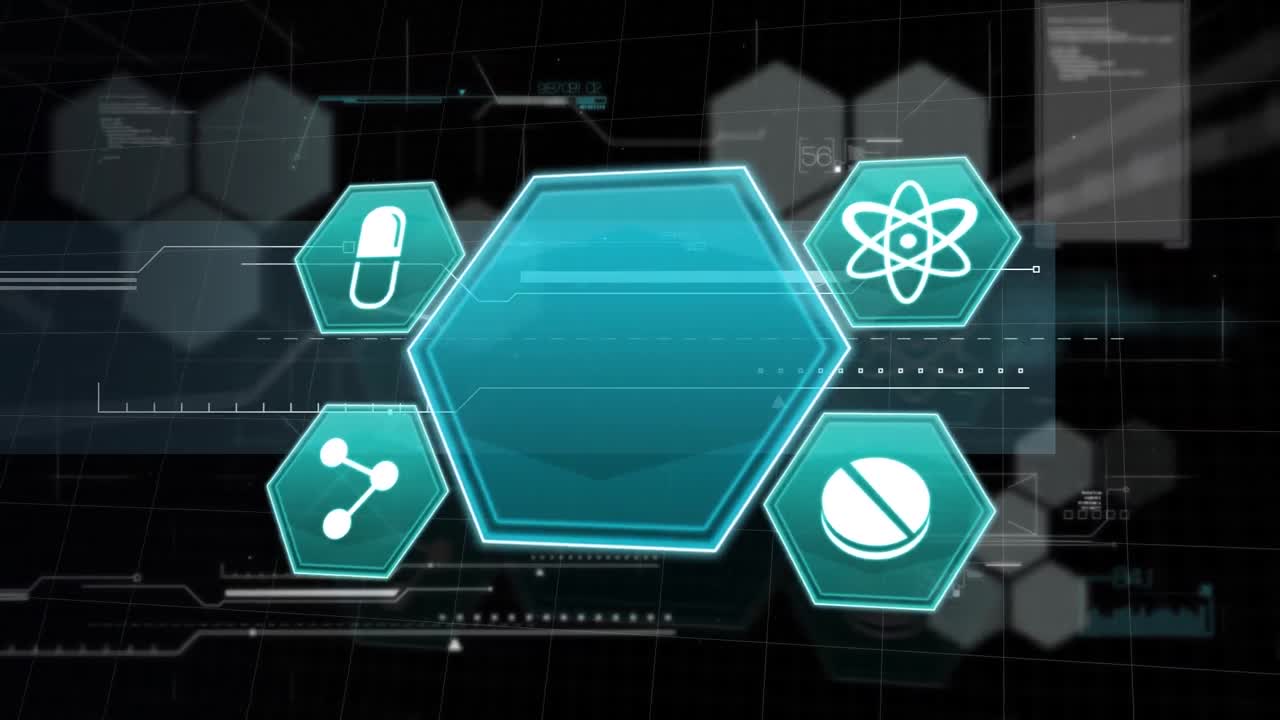 검은 바탕 위의 데이터 처리 및 의료 아이콘의 애니메이션