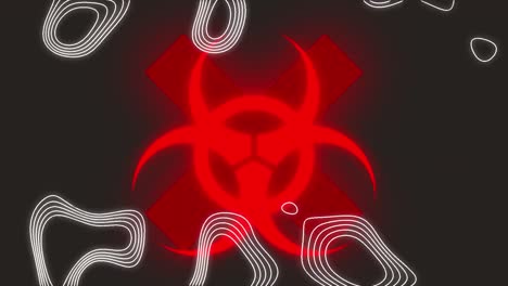 Animation-of-white-lines-over-biohazard-covid-19-warning-sign-over-black-background