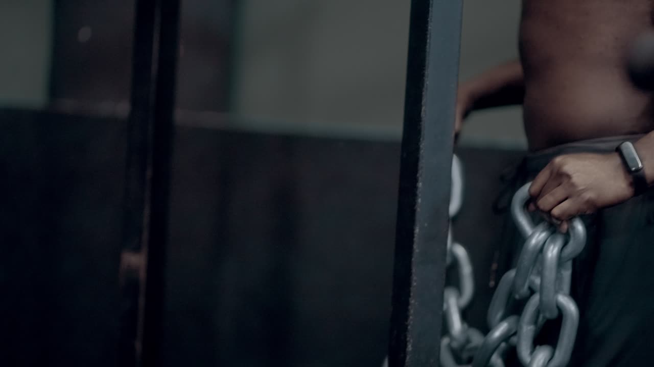 African American man placing chain around neck for weighted dips exercise