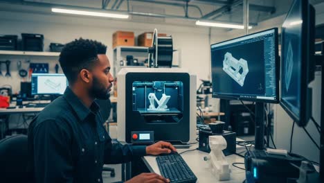 exploring innovation: a focused individual engaged in 3d printing technology, working on design and prototyping in a modern workspace