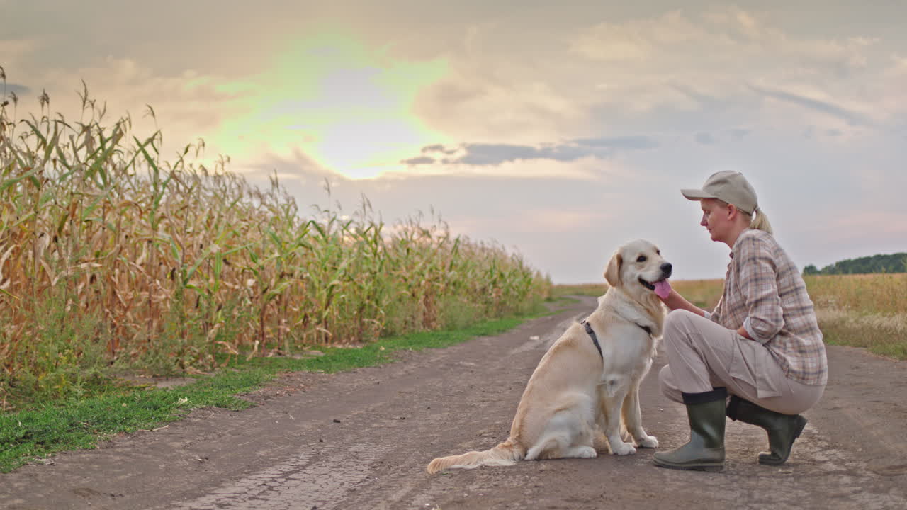 mujer y su perro en un campo de maíz al atardecer