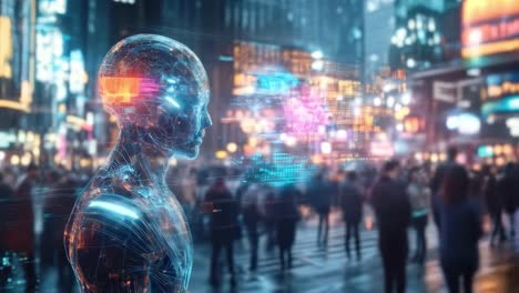 futuristic ai humanoid in a city
