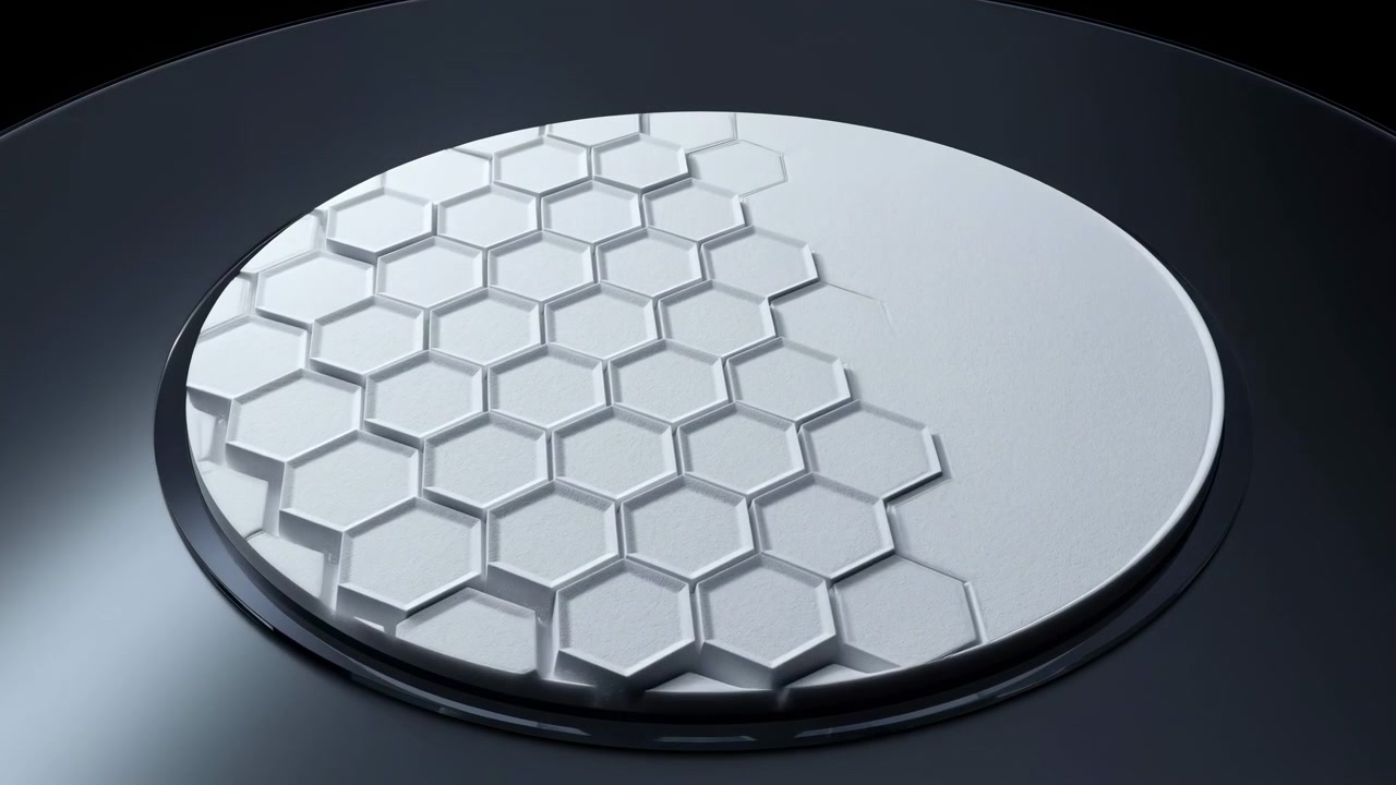 White matte disc on glossy dark circular base shows gradual surface change as shallow honeycomb embossing expands outward, creating raised texture, shadow, and premium minimal contrast in studio light