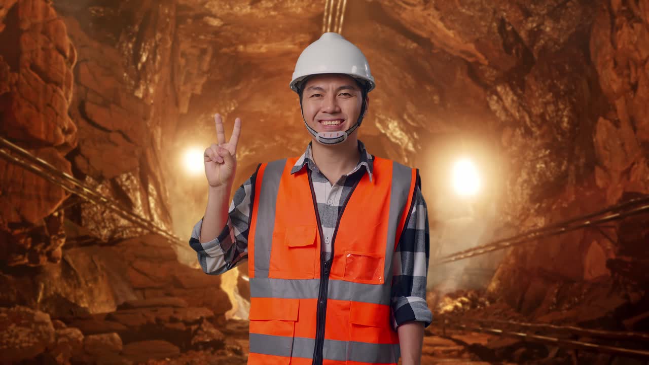 Asian Male Engineer With Safety Helmet Smiling And Showing Peace Gesture While Standing In Underground Mine Tunnel