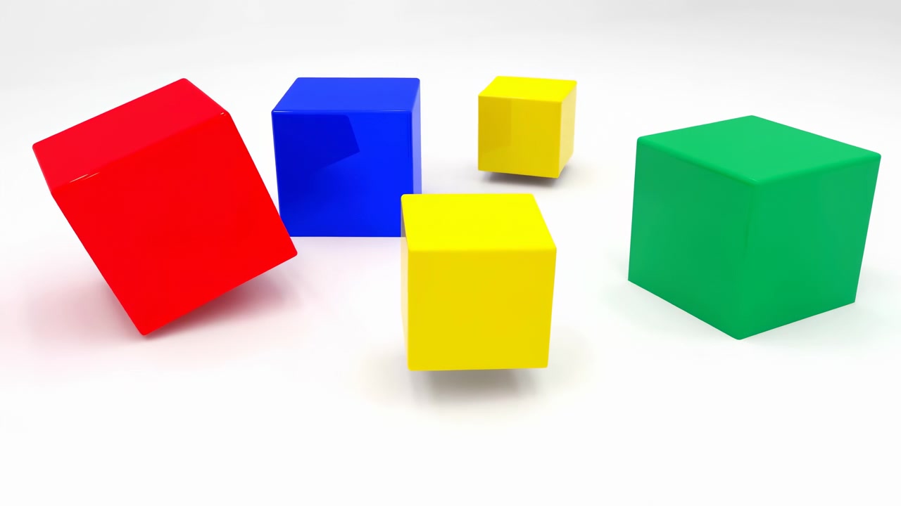 Colorful Geometric Cubes On White Background Red, Blue, Yellow, Green Cubes Rotate And Tilt With Glossy