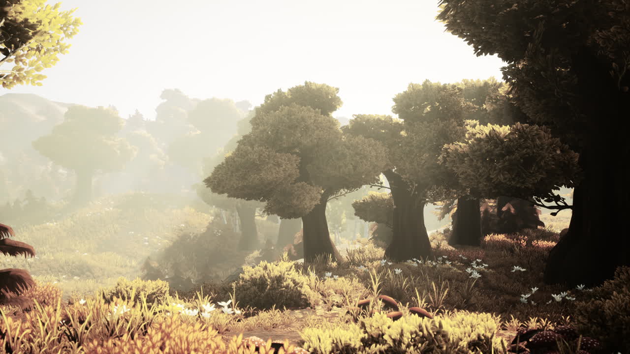 일몰 에 푸른 숲 이 꽃피고 있는 만화