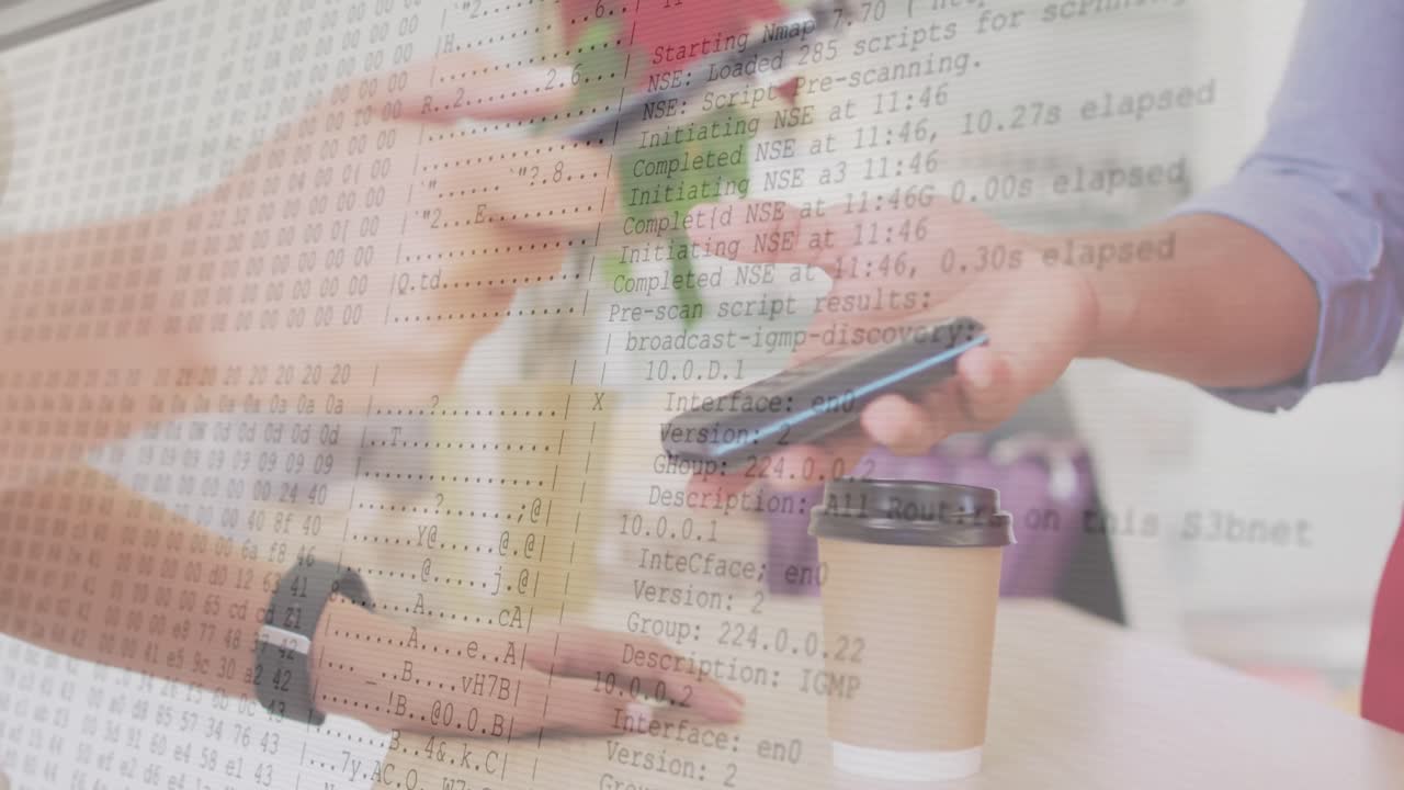 スマートフォンで手元で支払うデータ処理のアニメーション