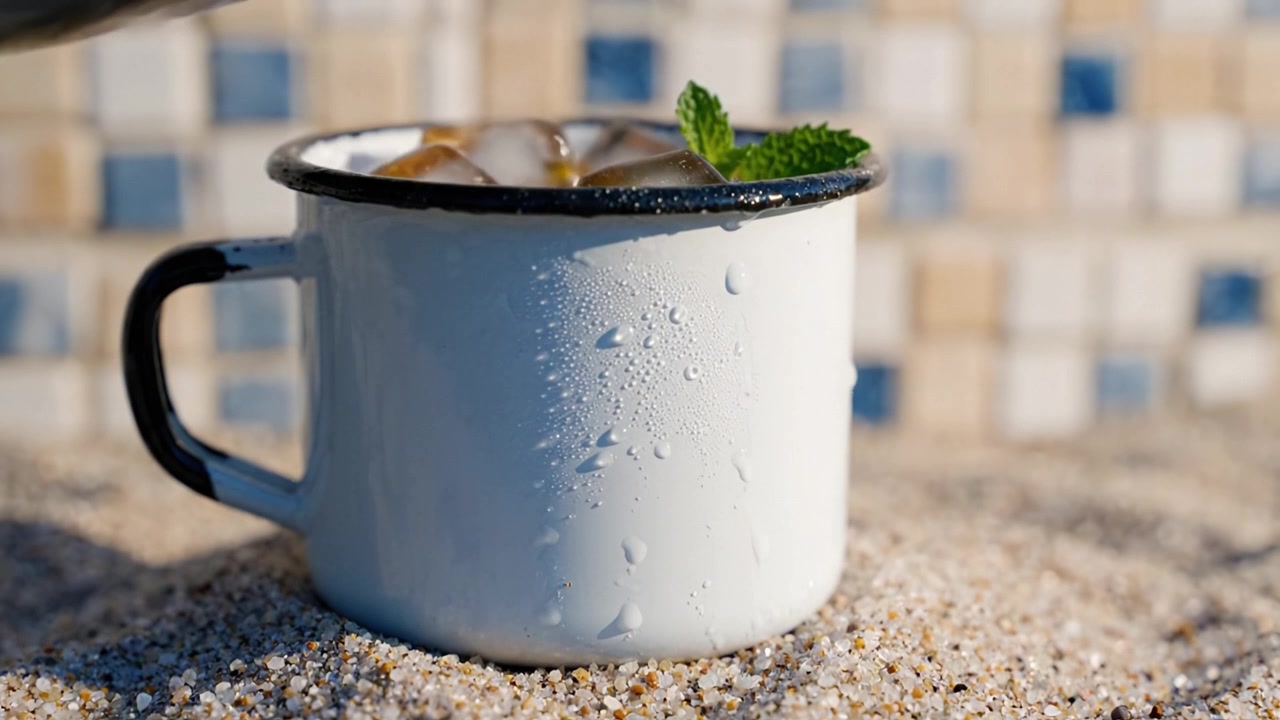 Et rustikt emaljekrus fyldt med is, mynte og lime hviler på en sandet overflade og indfanger essensen af sommerforfriskning og udendørs hygge