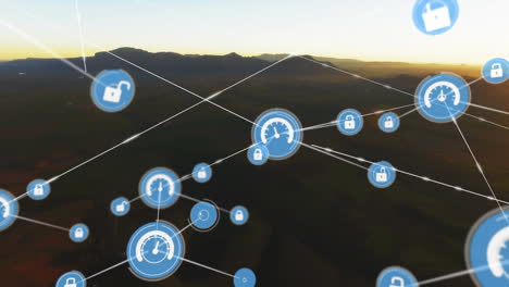 redes de conexiones con iconos sobre las montañas