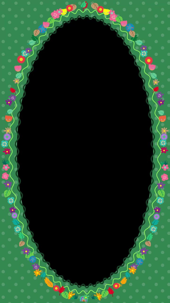 Charming looped animation of a vertical floral oval border over green polka dot background.
