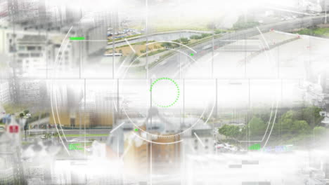 animation of circular scope scanning with data processing over fast speed city view