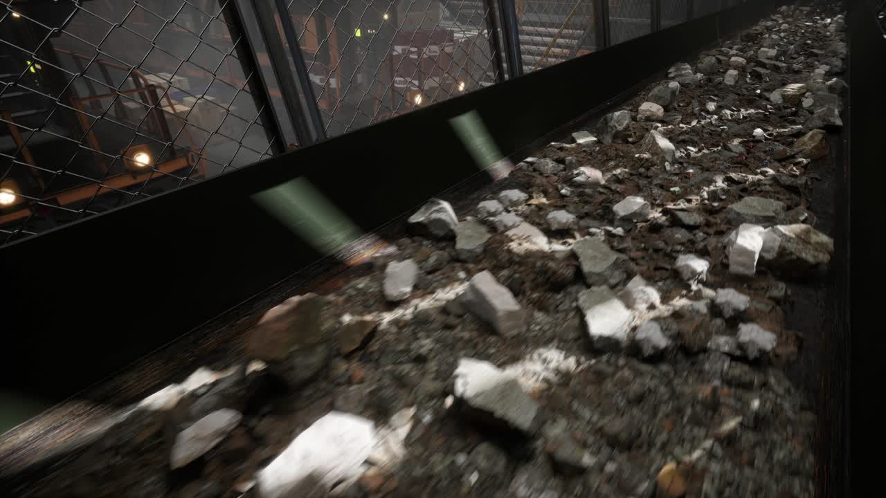 транспортировка медной руды, осуществляемая на заводе. горнодобывающий промышленный конвейер на заводе по переработке руды