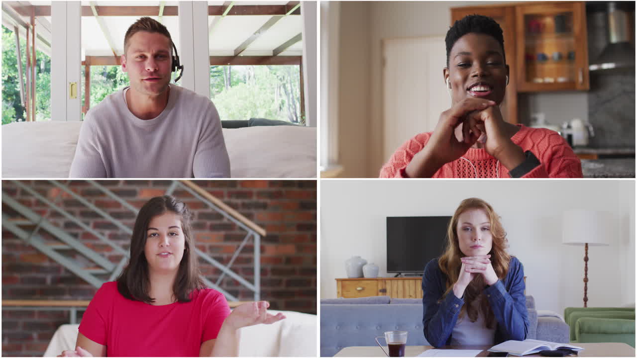 equipo de colegas de trabajo mostrados en las pantallas hablando en una videollamada