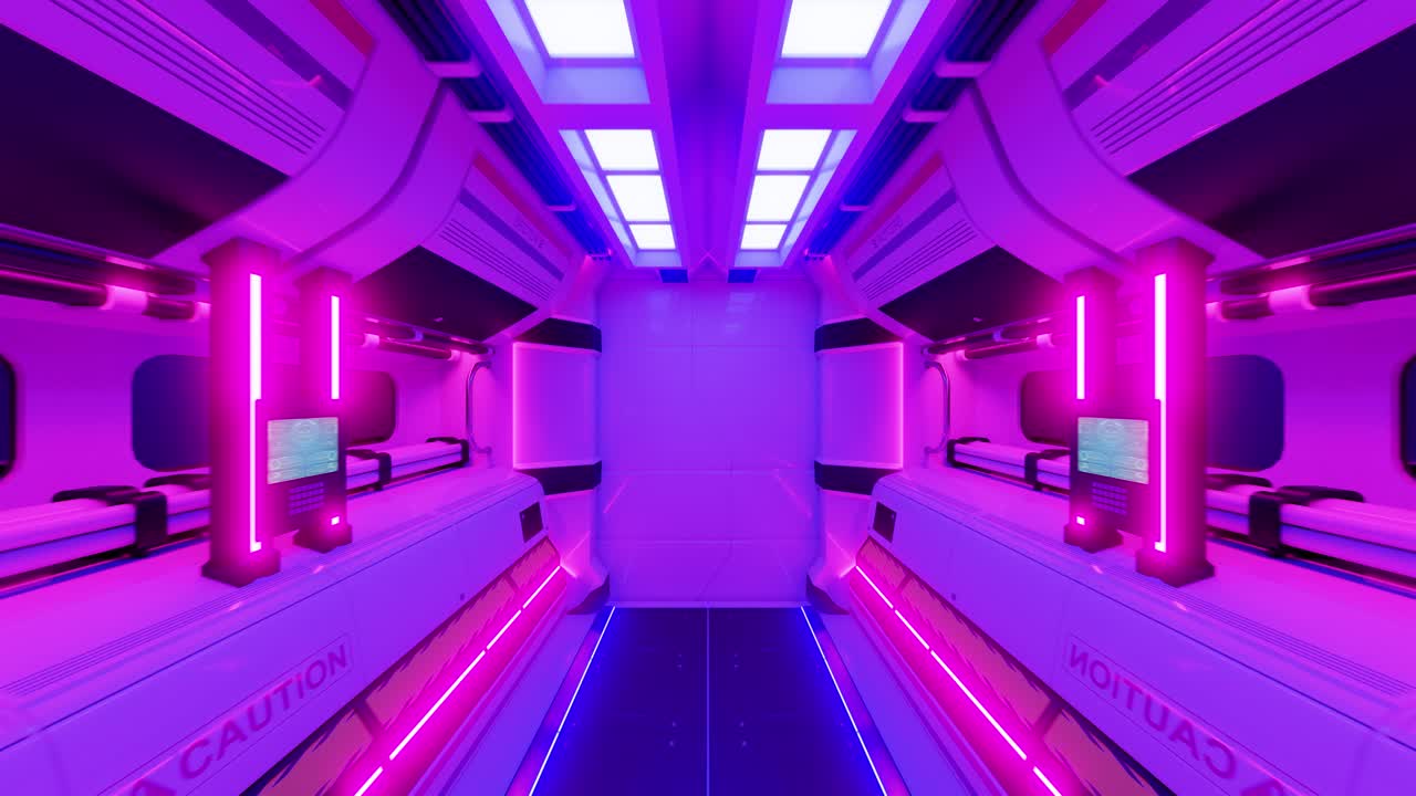 Interior of a spacecraft door with neon lights, animation loop