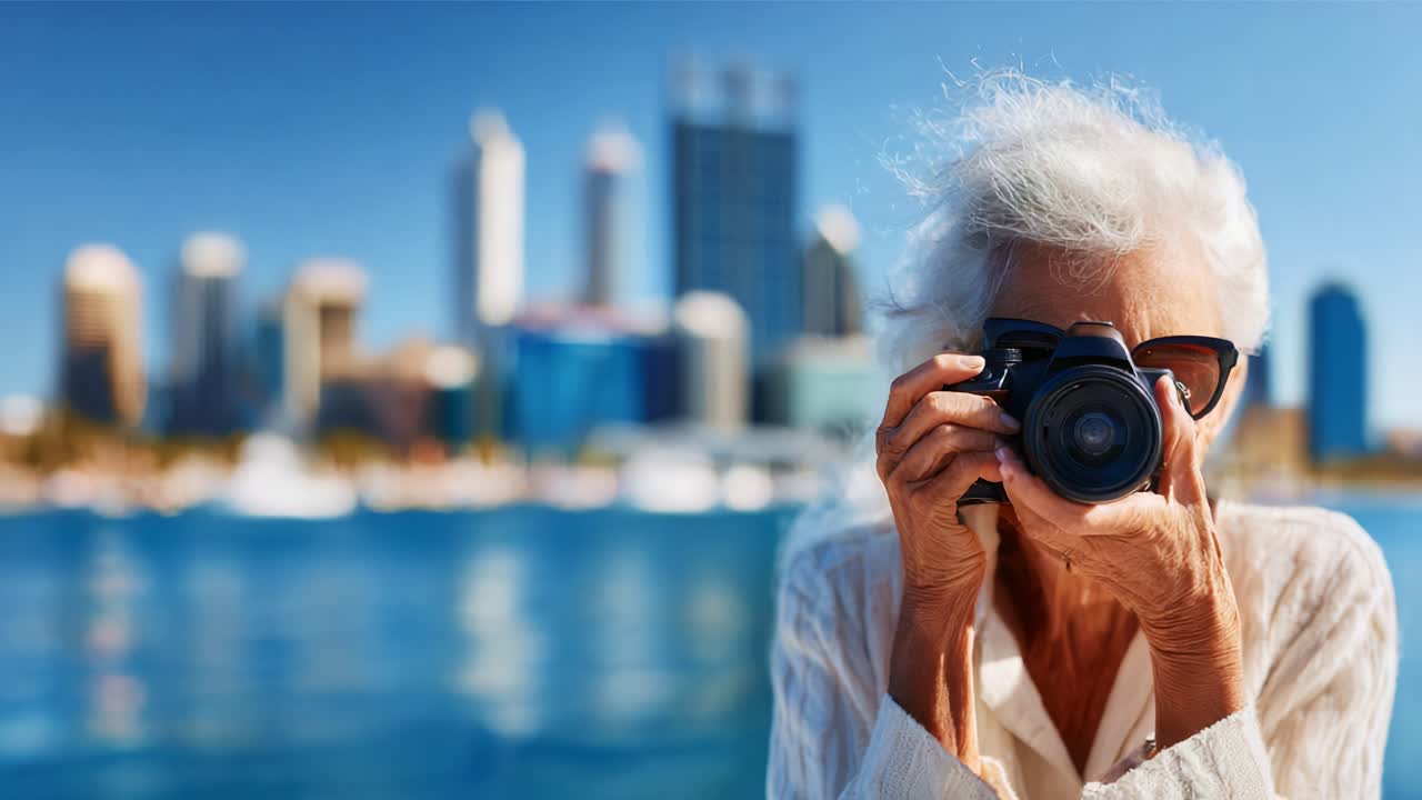 Un'anziana signora cattura con gioia dei momenti con una fotocamera sullo sfondo di un vivace paesaggio urbano, mostrando la sua passione per la fotografia, la bellezza della vita urbana e i ricordi.