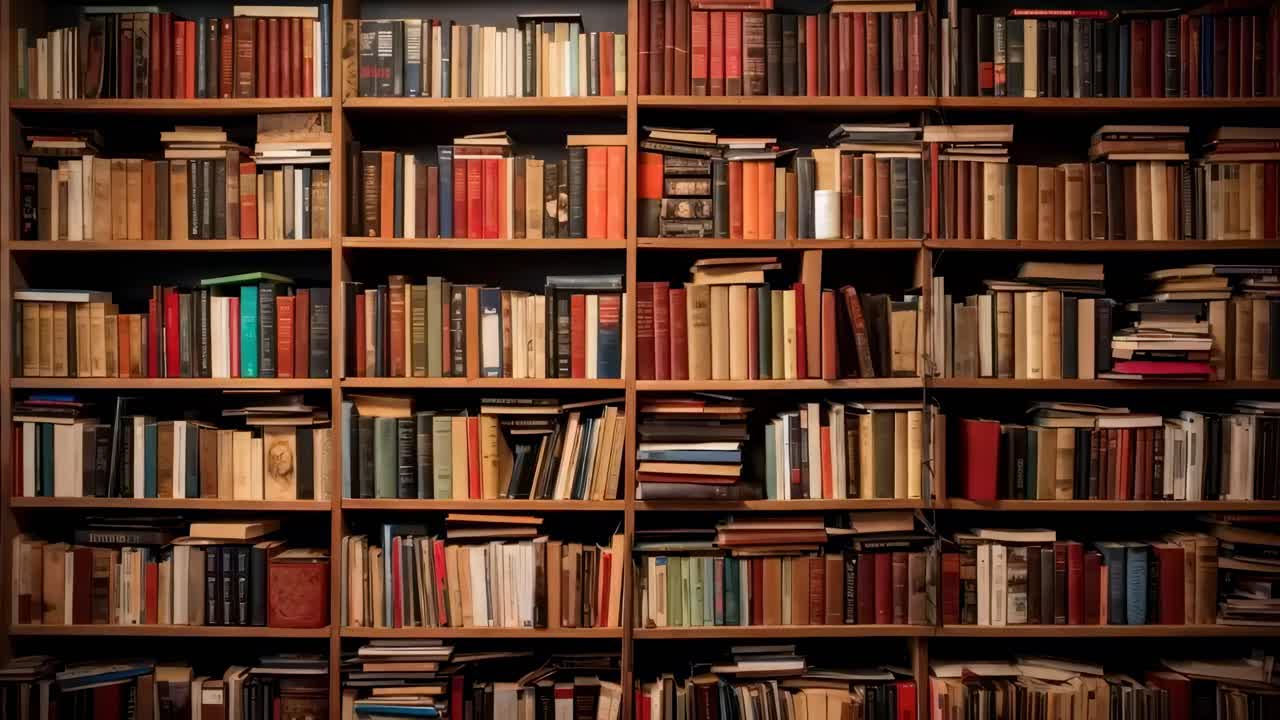 A wide-angle shot of a library bookshelf filled with colorful books, creating a cozy, intellectual