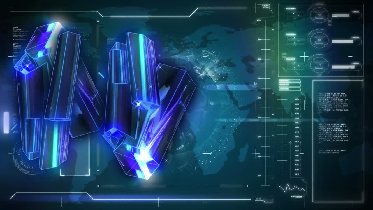 검은 바탕에 지구를 가진 데이터 처리를 통해 크리스탈의 애니메이션