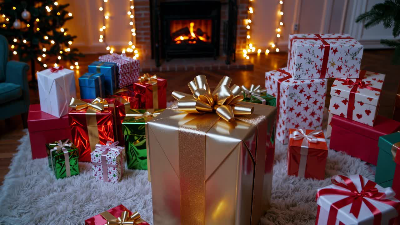 Festive Christmas scene with gifts and a lit fireplace, captured from a low angle